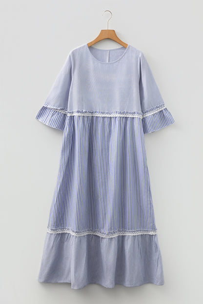 Stripe Patchwork Lace Trim 3/4 Sleeve Maxi Dress