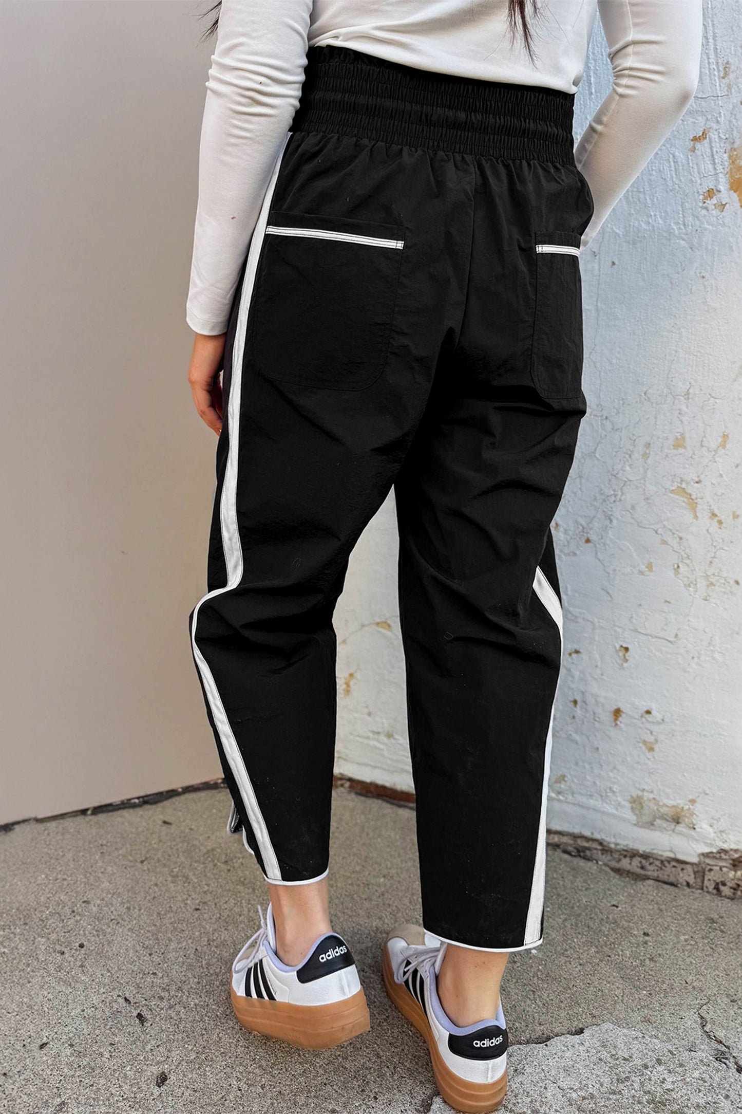 Stripe Smocked Waist Drawstring Cropped Pants