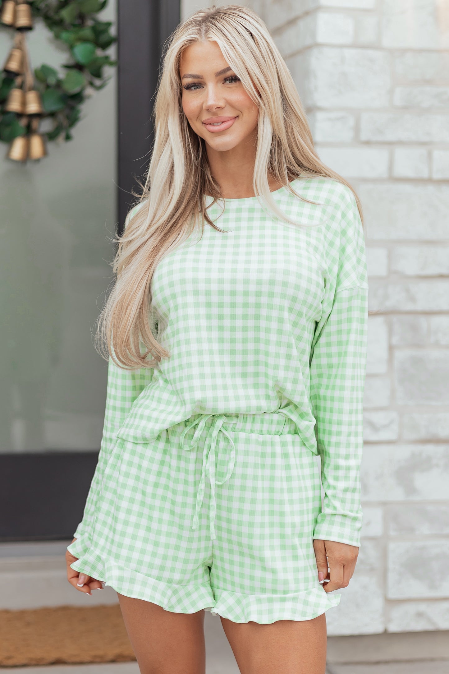 Gingham Long Sleeve Top and Shorts Set