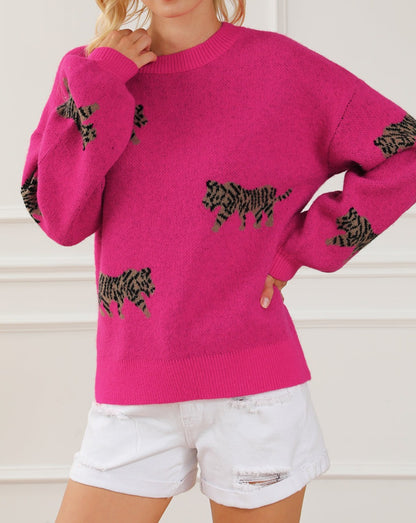 Tiger Ribbed Trim Crewneck Sweater