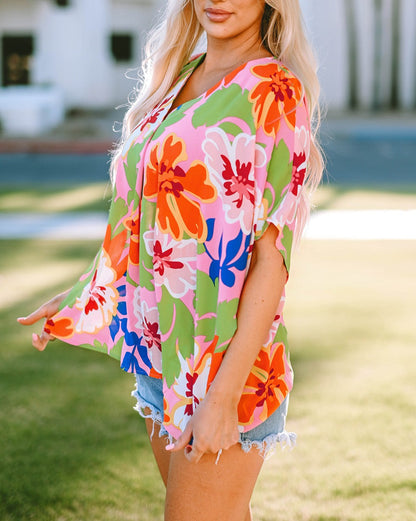 Floral Pleated V-Neck Short Sleeve Blouse