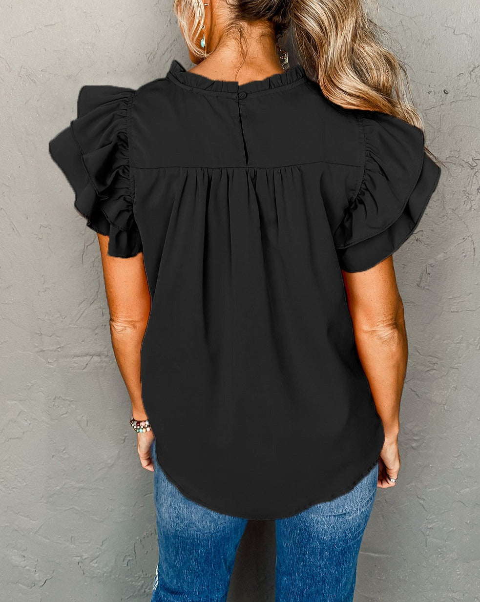 Pleated Ruffle Short Sleeve Blouse