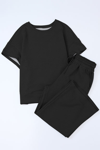 Solid Textured T-Shirt and Drawstring Pants Set
