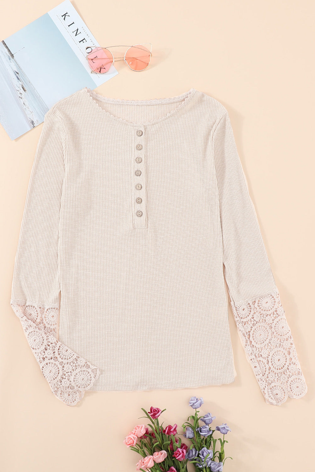 Crochet Lace Sleeve Henley Top