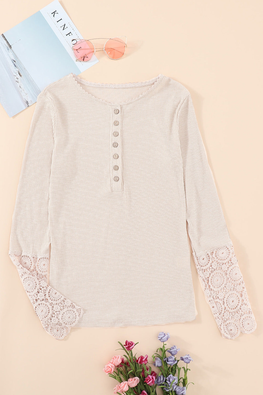 Crochet Lace Hem Sleeve Half-Button Top
