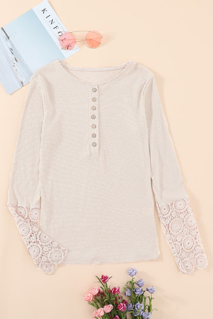 Crochet Lace Hem Sleeve Half-Button Top