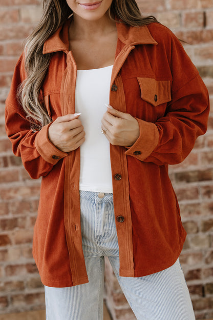 Velvet Button-Up Flap Pocket Drop Shoulder Shacket