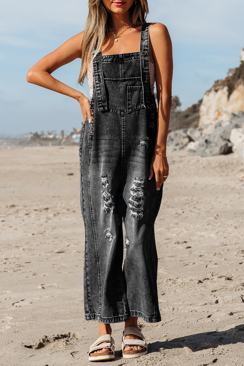 Solid Denim Distressed Bib Pocket Wide Leg Overall