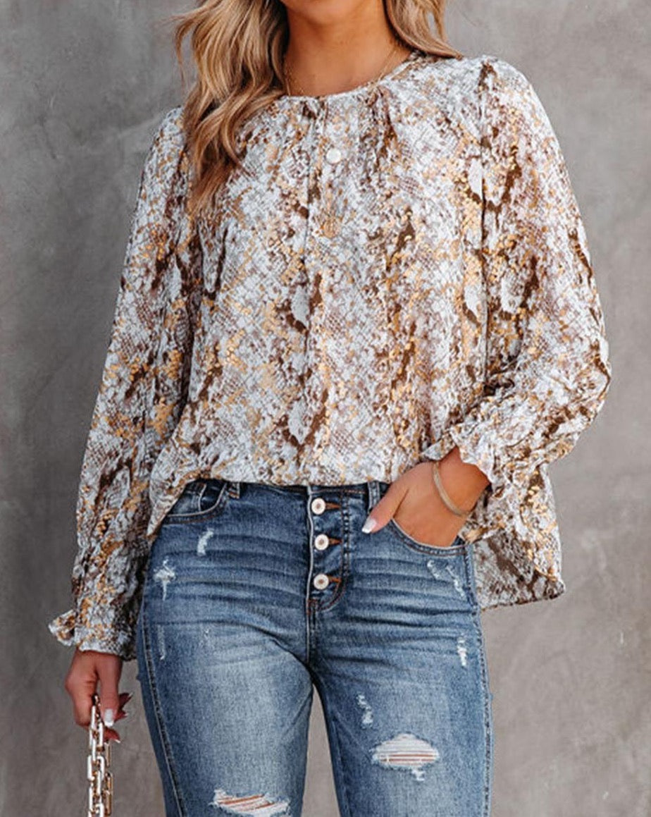 Metallic Snakeskin Bishop Sleeve Blouse