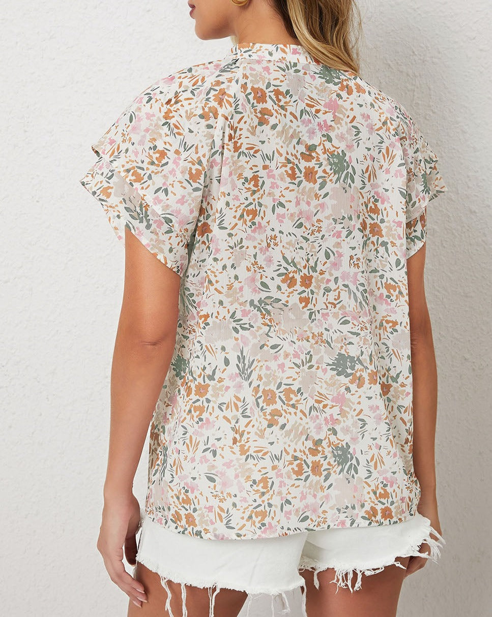 Floral Mandarin Collar Buttoned Top