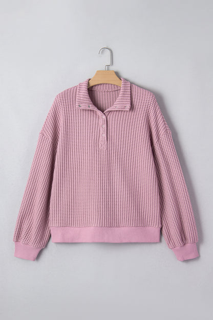 Solid Textured Knit Snap Button Collar Top