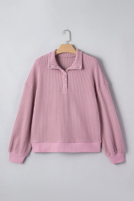 Solid Textured Knit Snap Button Collar Top