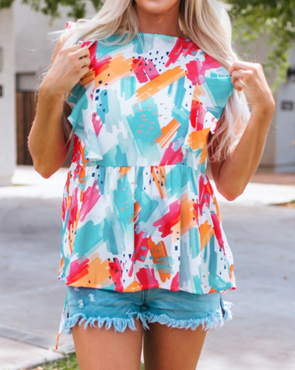 Abstract Ruffle Peplum Tank Top