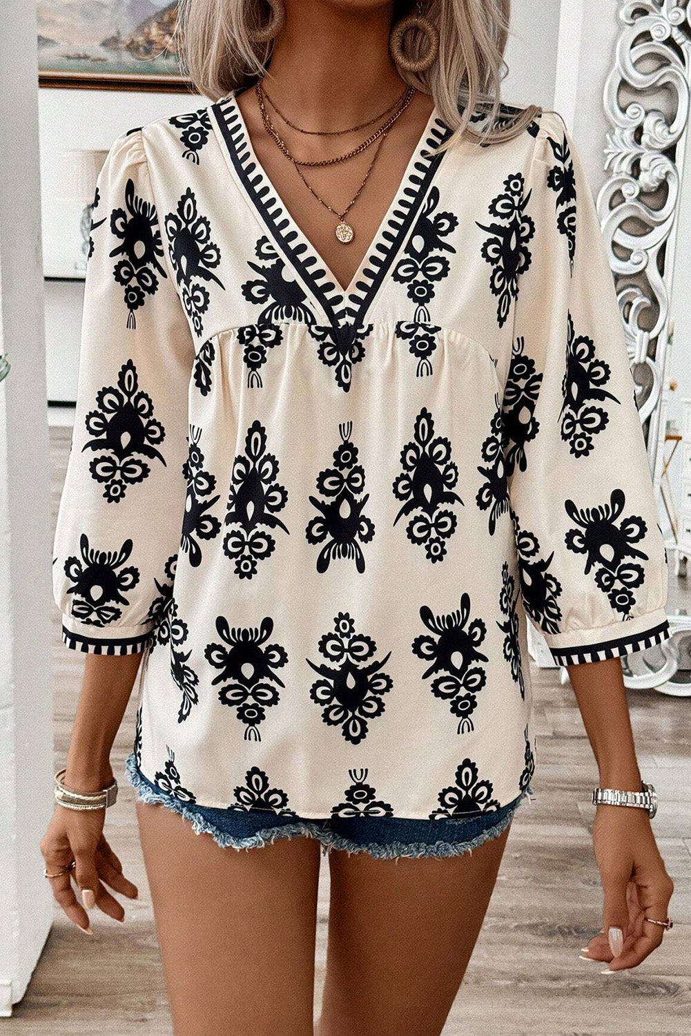 Geometric 3/4 Sleeve V-Neck Blouse