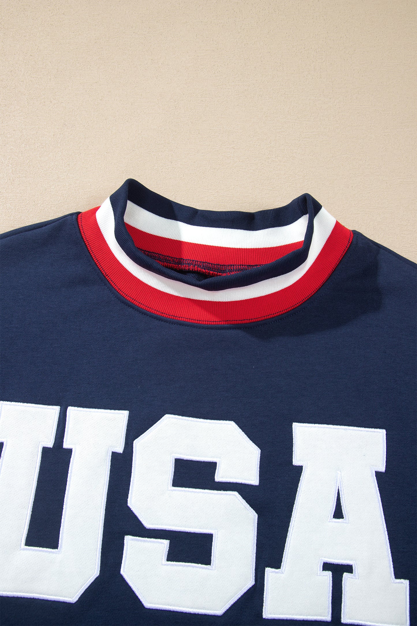 USA Slogan Patch Embroidery Colorblock High Neck Sweatshirt