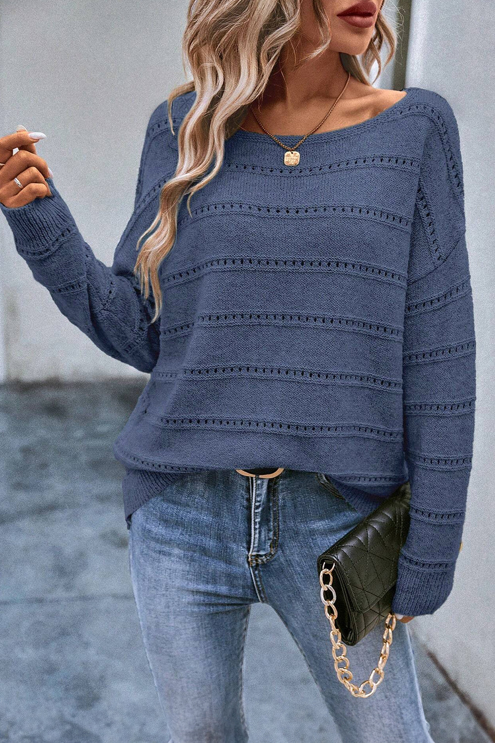 Pointelle Knit Boatneck Sweater