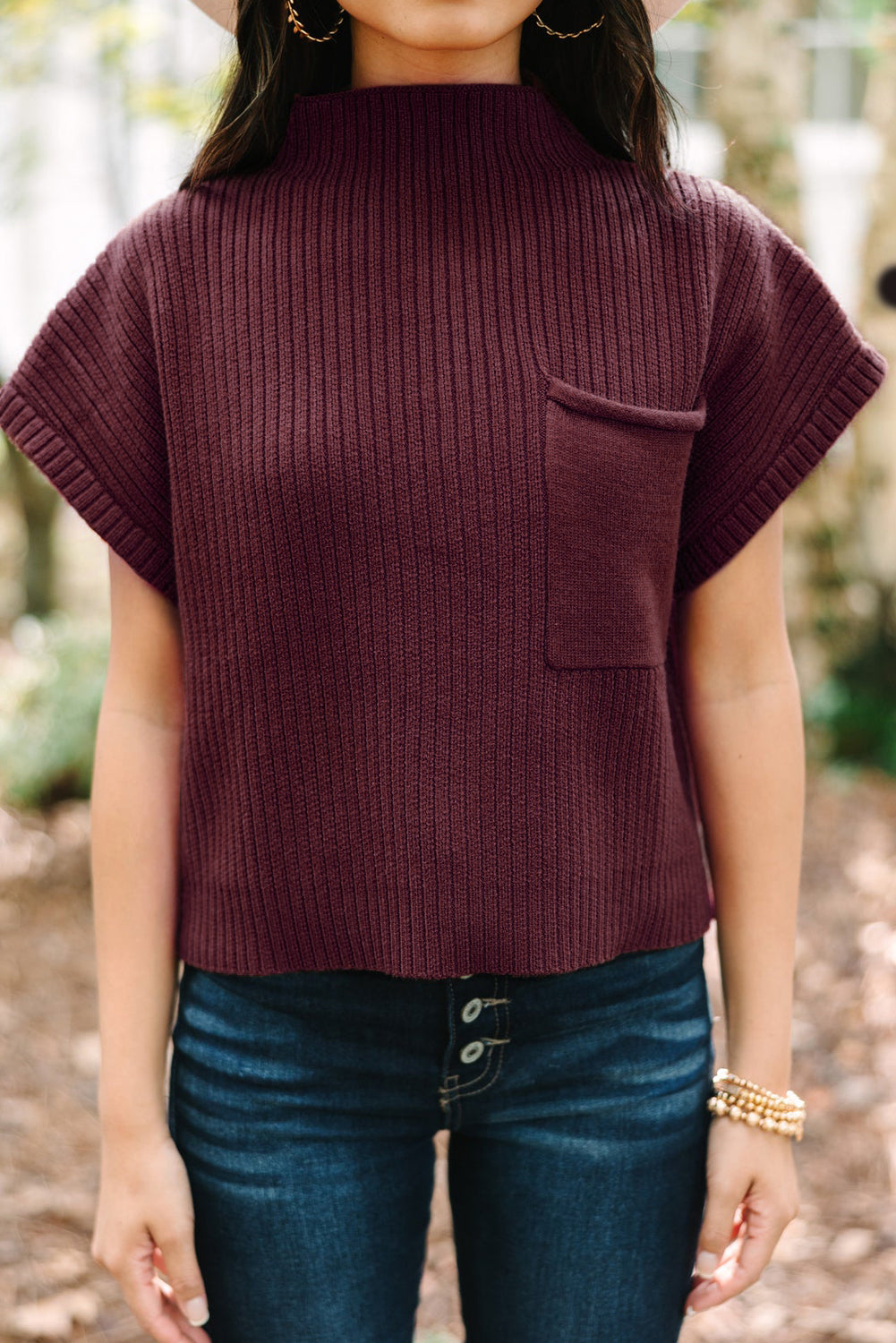 Ribbed Short Sleeve Pocketed Sweater