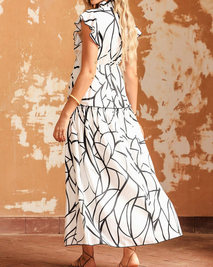 Abstract V Neck Ruffle Maxi Dress