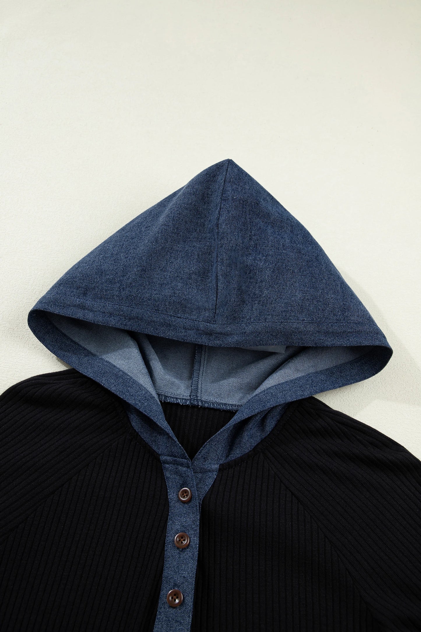 Ribbed Knit Contrast Denim Patchwork Hooded Top