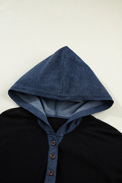 Ribbed Knit Contrast Denim Patchwork Hooded Top
