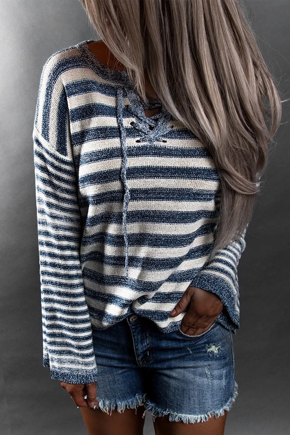 Stripe Lace Up V-Neck Sweater