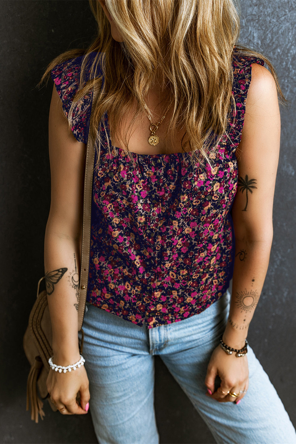 Floral Frilled Straps Tank Top