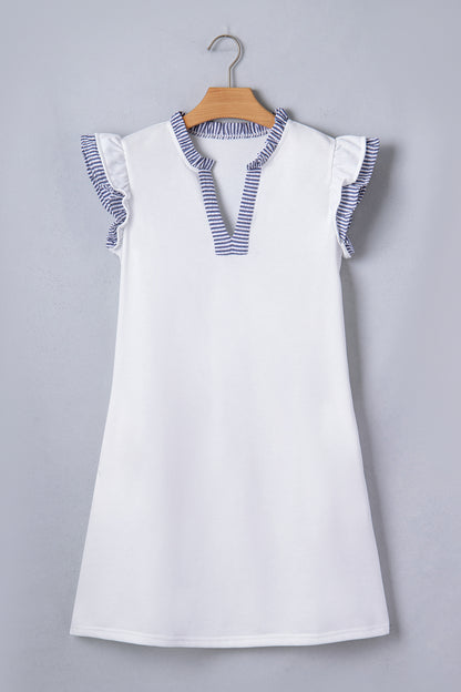 Stripe Patchwork Split Neck Ruffle Trim Sleeveless Dress