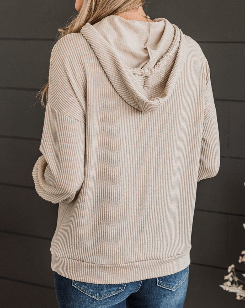 Ribbed Drop Shoulder Drawstring Hoodie