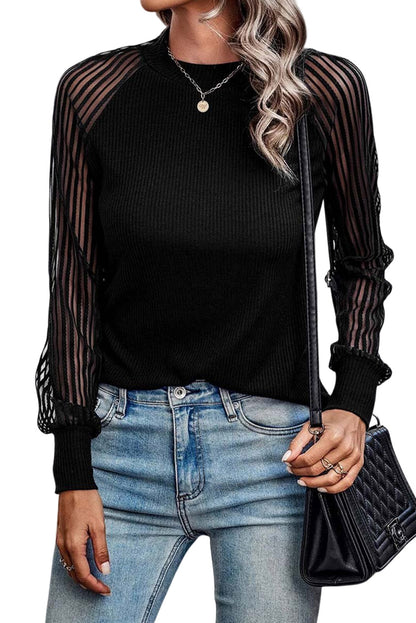 Stripe Mesh Long Sleeve Top