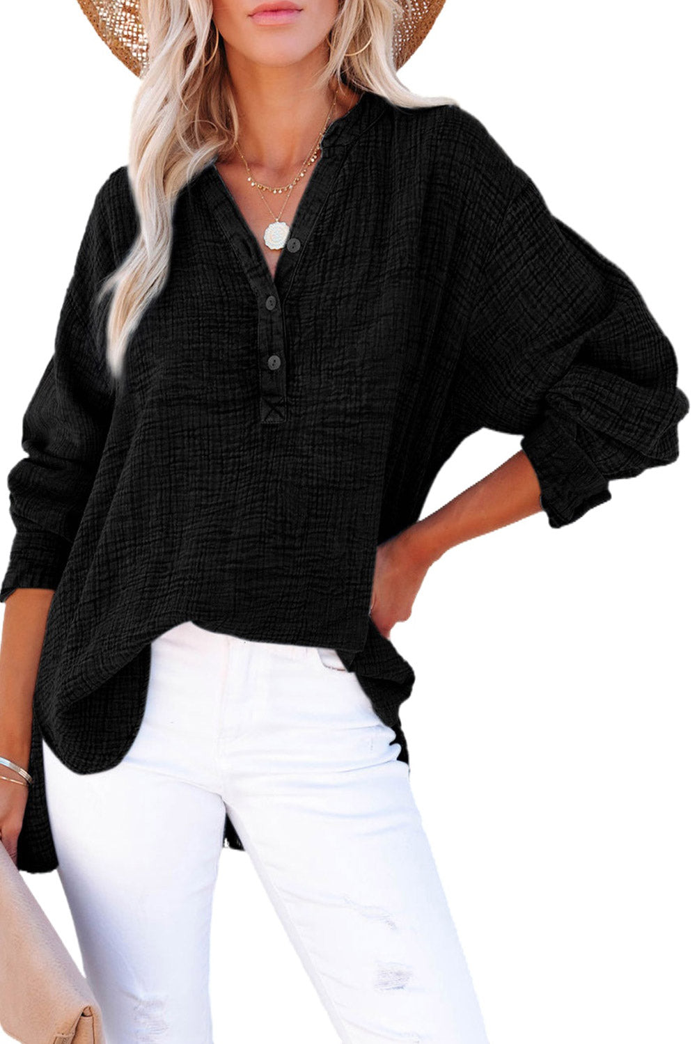 Gauze Long Sleeve Henley Top