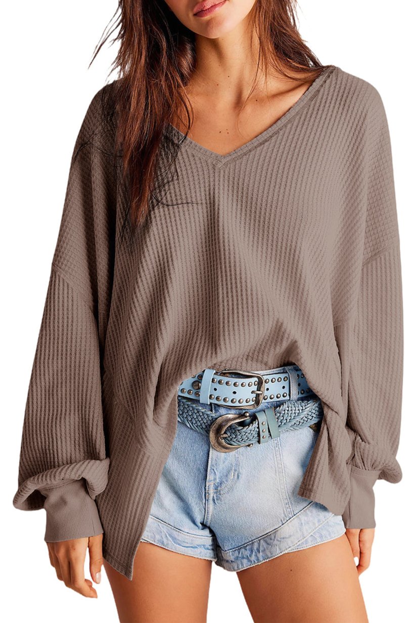 Waffle V-Neck Long Sleeve Blouse