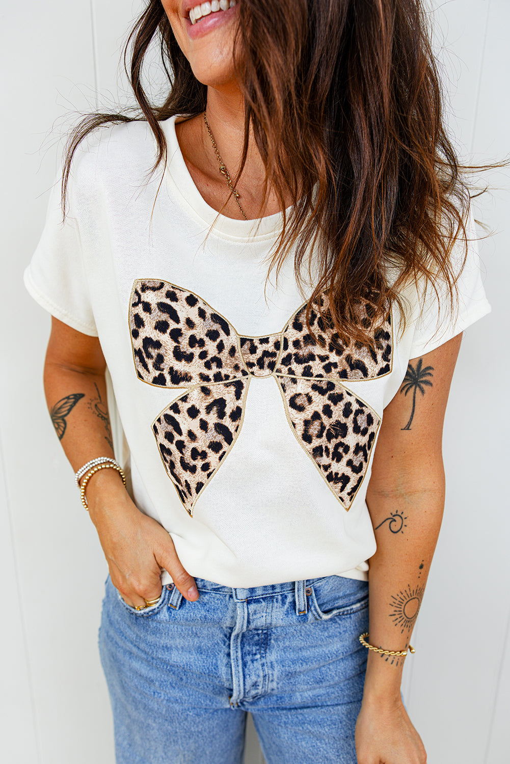 Leopard Bow Embroidered Short Sleeve T-Shirt