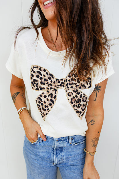 Leopard Bow Embroidered Short Sleeve T-Shirt