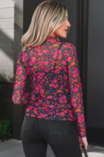 Floral Mesh Long Sleeve Mock Neck Top