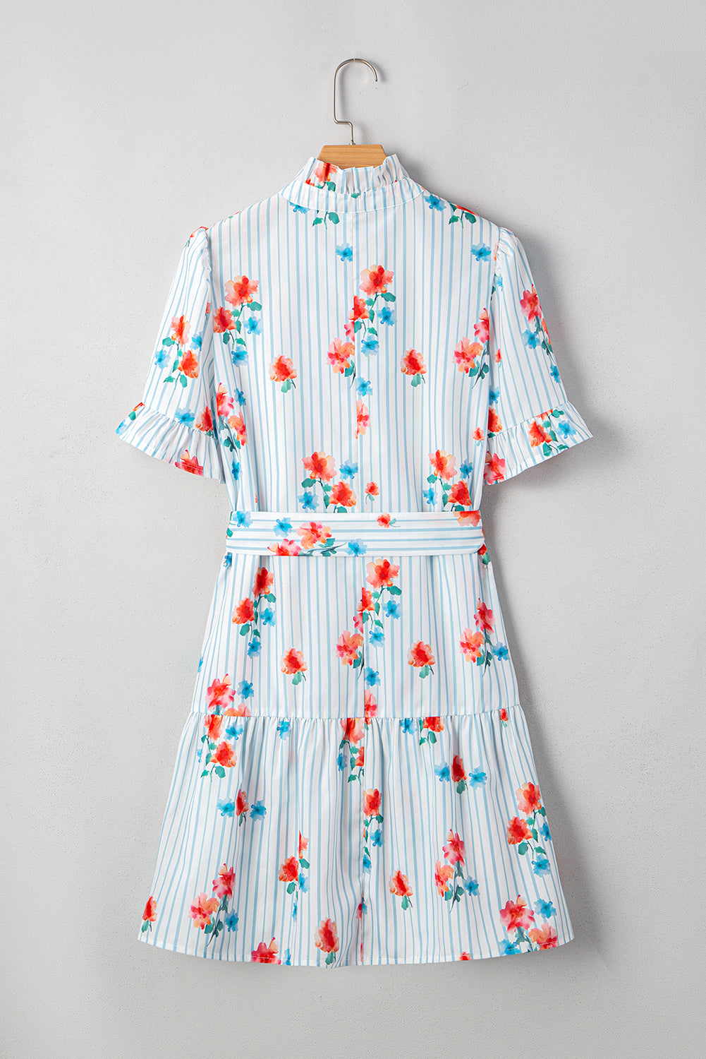 Stripe Floral Ruffle Sleeve Belted Mini Dress