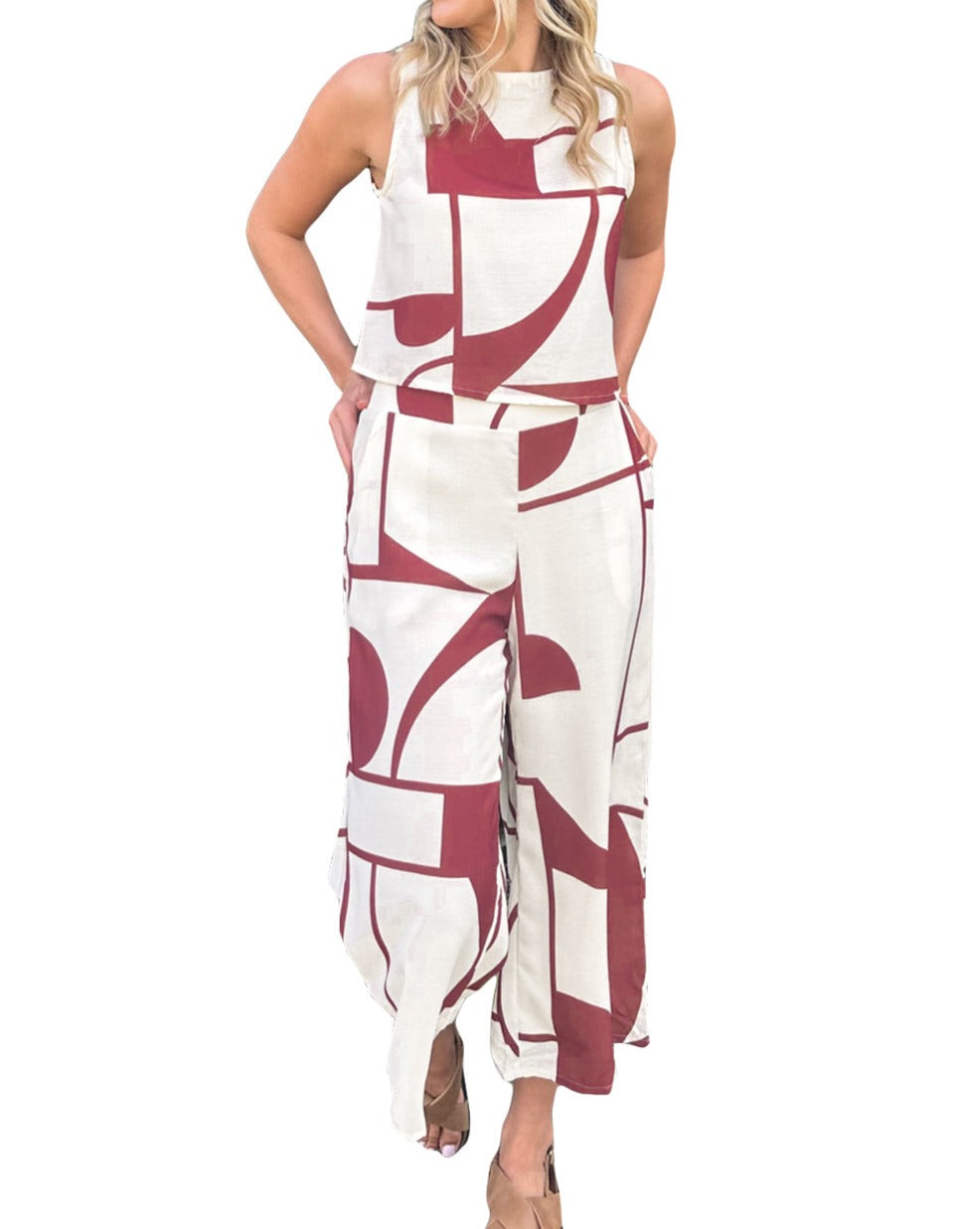 Abstract Buttoned Vest and Pants Set