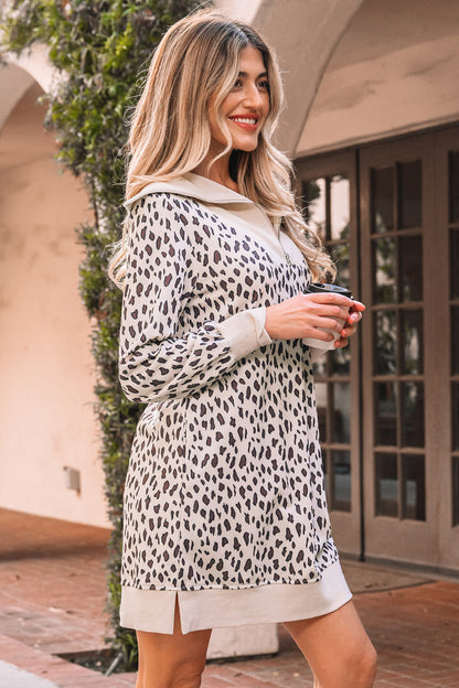 Leopard Patchwork Zip-Up Collar Mini Dress
