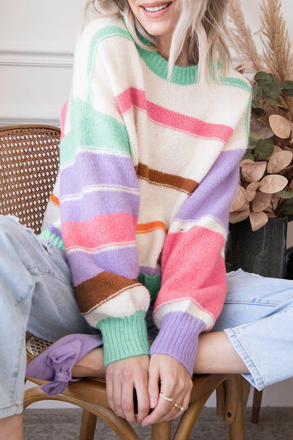 Multicolor Stripe Puff Sleeve Sweater