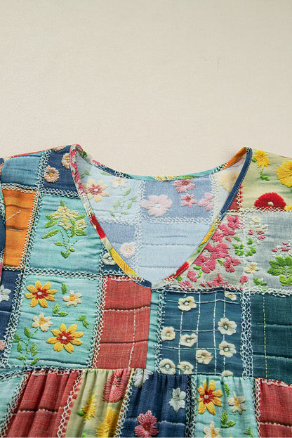 Floral Patchwork Long Sleeve Ruffle Hem Midi Dress