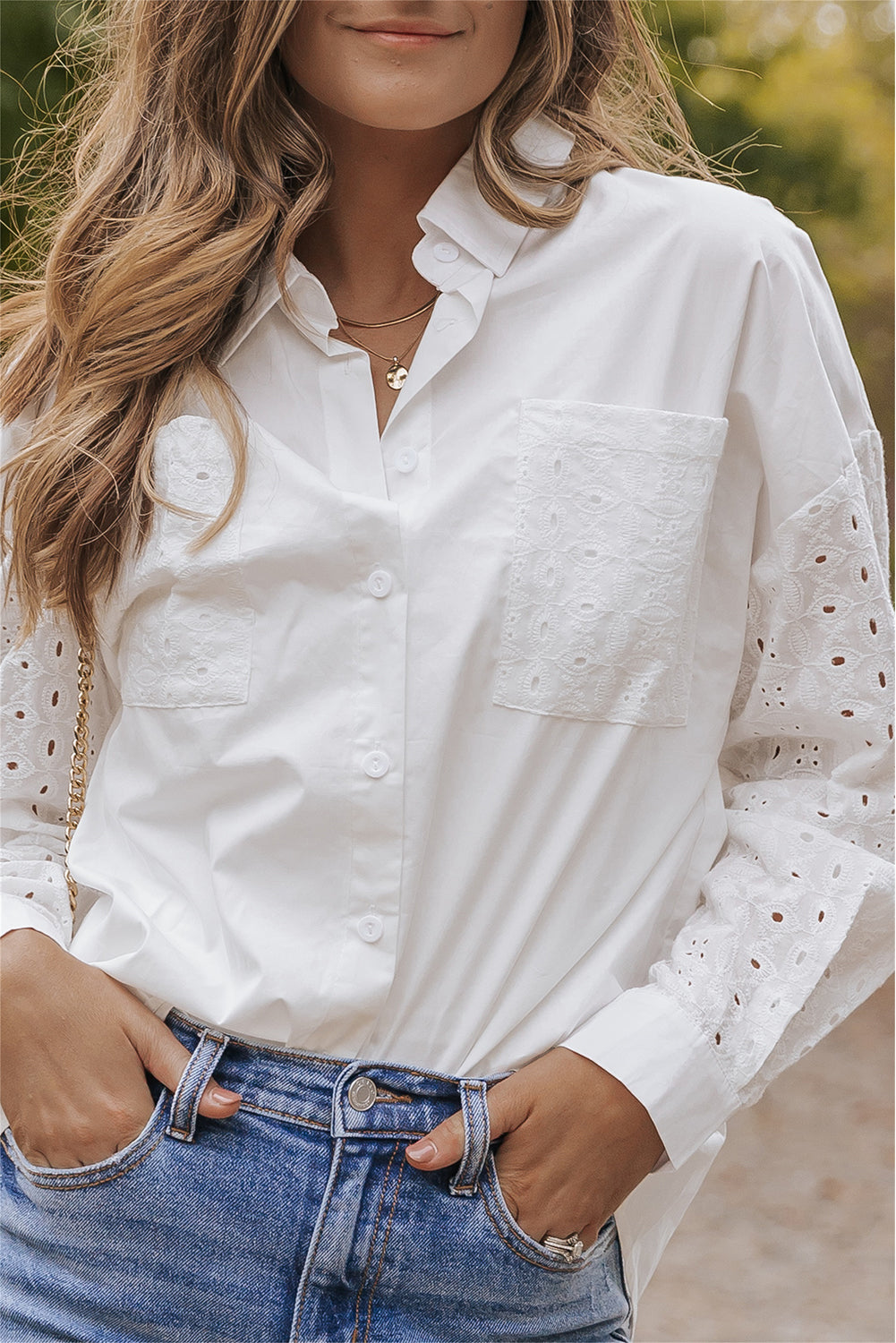 Eyelet Patchwork Buttoned Shirt w/Pockets