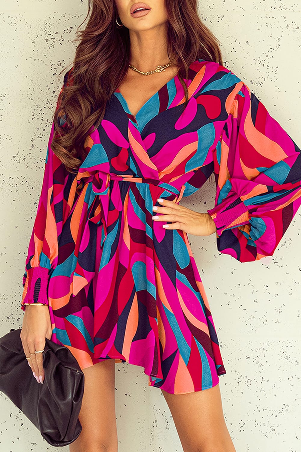 Abstract Belted Puff Sleeve Dress