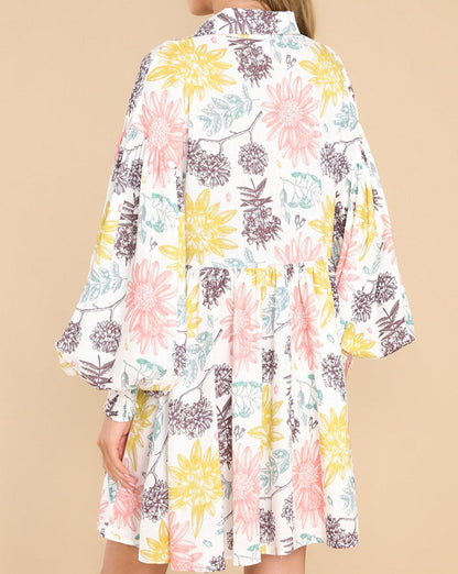 Floral Bubble Sleeve Shirt Dress