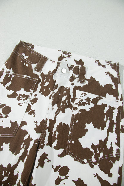 Western Cow Print High Waist Straight Leg Jeans