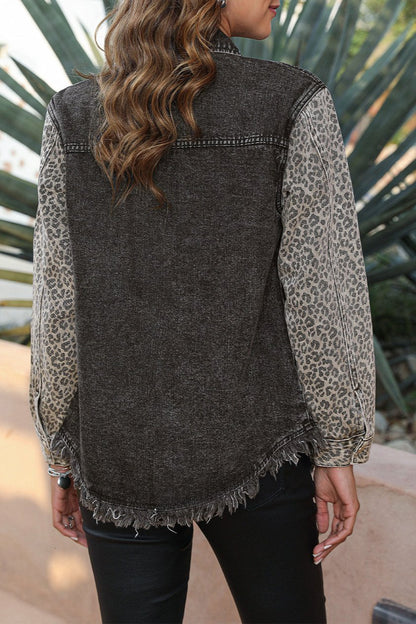 Leopard Denim Patchwork Raw Hem Jacket