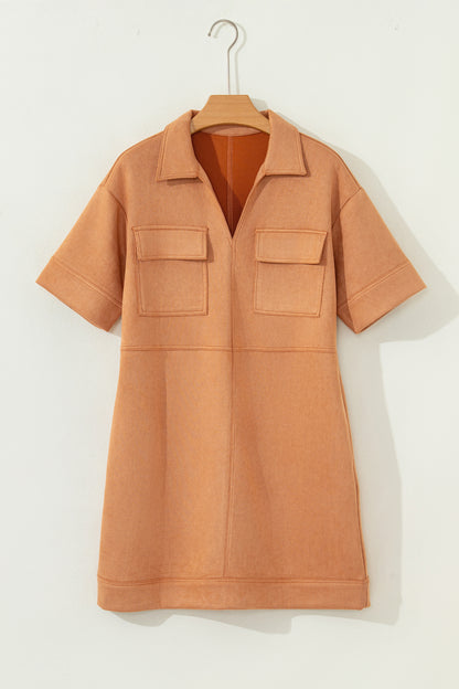 Faux Suede Collared V-Neck Short Sleeve Dress