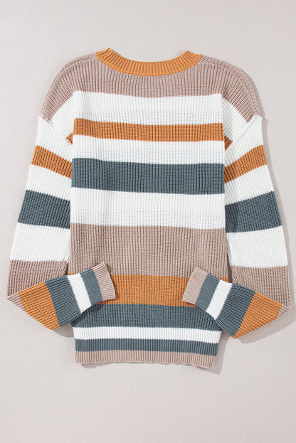 Colorblock Stripe Ribbed Round Neck Sweater