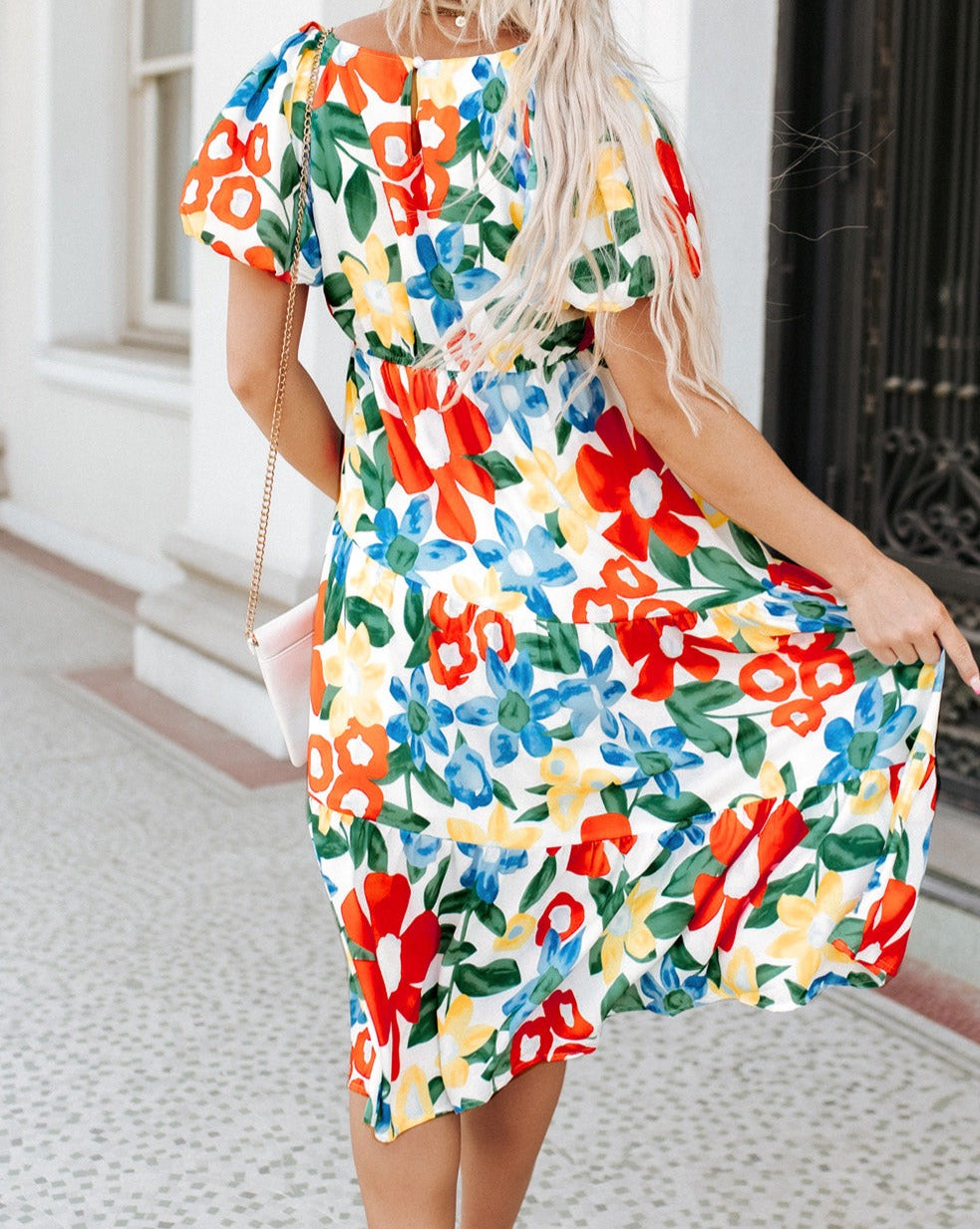 Floral Bubble Sleeve Midi Dress