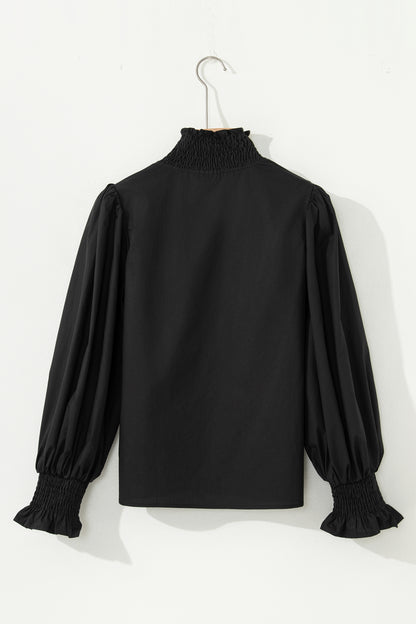 Leopard Trim V-Neck Puffy Flounce Sleeve Blouse