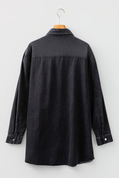 Solid Denim Chest Pocket Raw Hem Shirt Dress