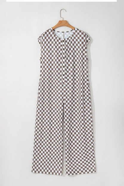 Checker Sleeveless Buttoned Crewneck Jumpsuit